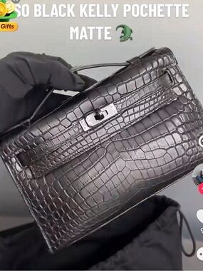 Matte Black Crocodile Embossed Kelly Pochette PVD Hardware